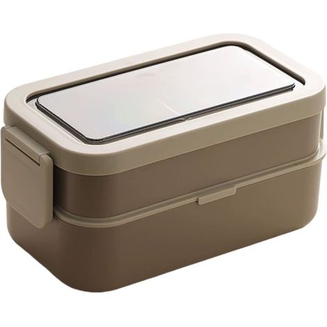 Cette boîte à lunch portable, isolée et hermétique (1350 ml) convient aux étudiants et aux employés de bureau et passe au micro-ondes (double couche, beige-brun). (1/5)