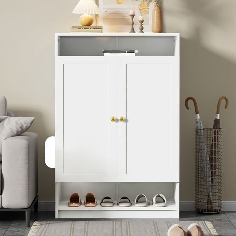 Zapatero 73x34x109 cm blanco en tablero de partículas con estantes ajustables y puertas (1/5)