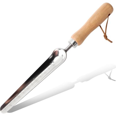 Pala da giardino leggera in acciaio inossidabile con manico in legno e righello graduato un attrezzo per piantare, diserbare, rinvasare, trapiantare piantine, seminare e per lavori di giardinaggio in  (1/5)