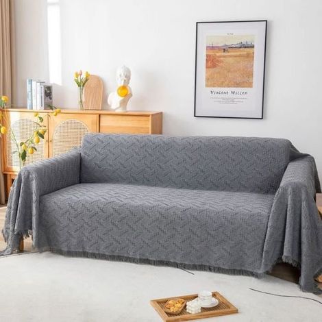 Housse de Canapé 3 Places Réversible Grande Taille, Couvre-Canapé Polyvalent avec Glands Décoratifs