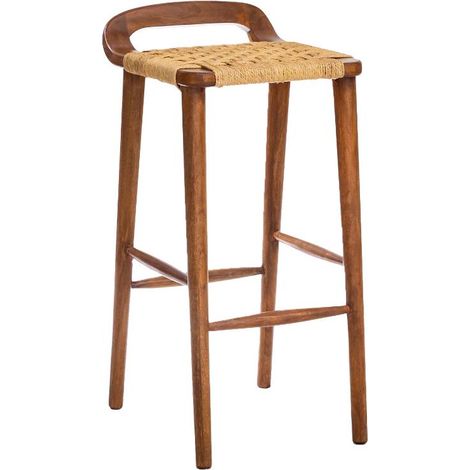 Made In Meubles – Tabouret de bar en bois de manguier – Hauteur d'assise 83 cm – Siège en corde naturelle tressée – Style bohème chic (1/5)