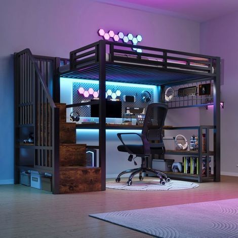 Lit mezzanine - SOGEU - 90x200 cm - Bureau intégré - LED contrôlable par appli - Escalier avec rangements (1/5)