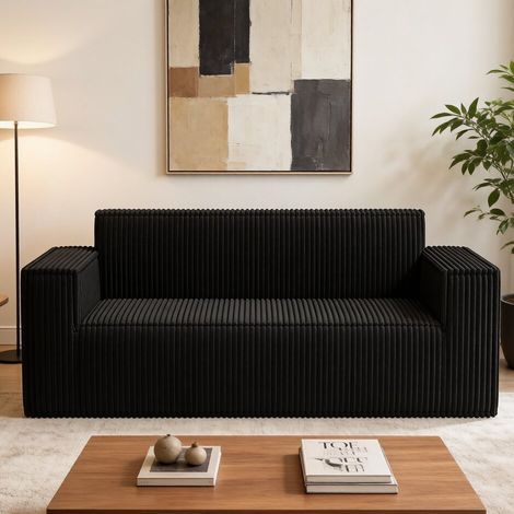 Divano Dritto 2 Posti in Velluto a Coste, Seduta Profonda e Confortevole, Design Moderno, Nero (1/5)