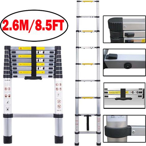 2.6M Telescopic Extension Ladder, Multi-Purpose Folding Telescoping Ladder, Heavy Duty Stainless Steel Portable Retractable Loft Ladder for Roof Work, Window Cleaning, Indoor Decorating (1/4)