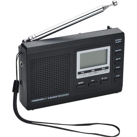 Ricevitore radio portatile AM/FM/SW1-7 a 9 bande con altoparlante e cuffie, eccellente ricezione radio digitale con visualizzazione dell'ora 12/24 ore, retroilluminazione, sveglia, funzionamento a bat (1/5)