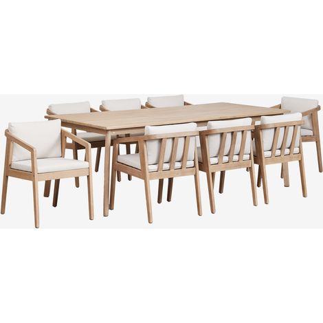 Sklum – Ensemble table rectangulaire 220x100 cm et 8 chaises en bois d'acacia – Coussins en polyester amovibles – Rembourrage confort 20kg/m³ (1/5)