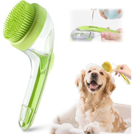 Brosse de bain 5 en 1 pour animaux, distributeur de shampoing, manche acier, silicone amélioré, verte, pour dents fines (1/5)