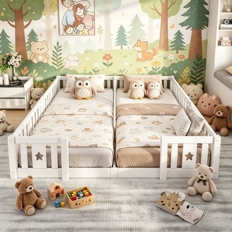 JOOKGBD-Letto Bambino Matrimoniale 180x200 cm in Legno Massello,Letto a Sbarre con Motivo Stelle,Barriere di Sicurezza Incluse,290x200 cm,Senza Rete a Doghe,per Camera Bambino e Ragazzo,Bianco (1/5)