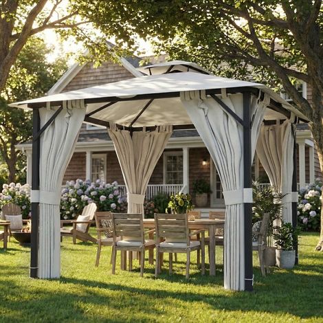 Tonnelle de jardin 3x3m, double toit, rideaux et crochets plafond, cadre métal, crème