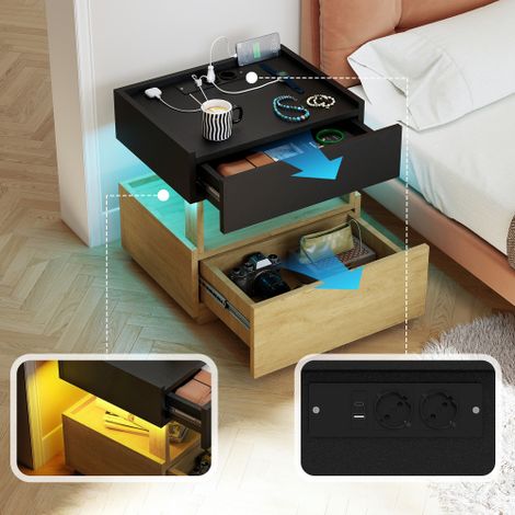 Table de chevet intelligente avec chargement sans fil, éclairage d'ambiance LED, ports USB et deux tiroirs (1/5)