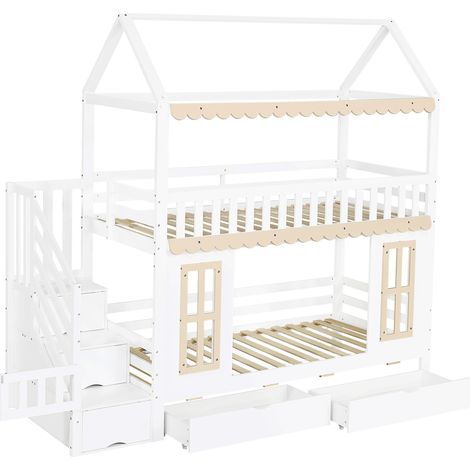 Litera infantil casita 90 x 200 cm blanca y natural con almacenaje (1/5)