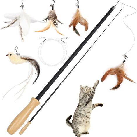 Jouet Chat, 5 Pièces Jouet Chat Interactif Intérieur,Jouet Chaton avec 1 Oiseaux et 3 Plumes de Remplacement avec Cloche,Canne à Pêche Rétractable avec Poignée en Bois pour Chats et Chatons (1/5)