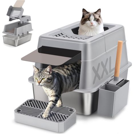Maison de toilette pour chat XXL grand bac à litière fermé en acier inoxydable anti-odeur avec pelle et tapis