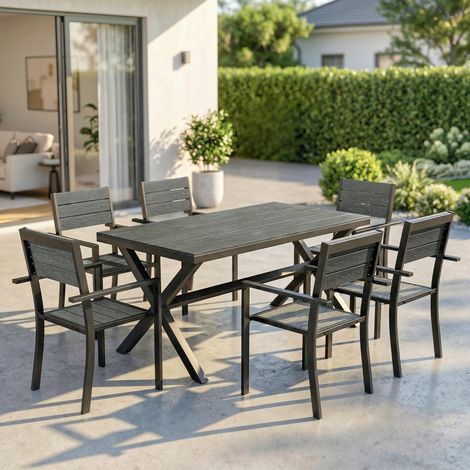 Ensemble de Salle à Manger Extérieur 7 Pièces pour 6 Personnes, Table et Chaises Empilables avec Lattes Effet Bois, Cadre en Aluminium, Gris (1/5)