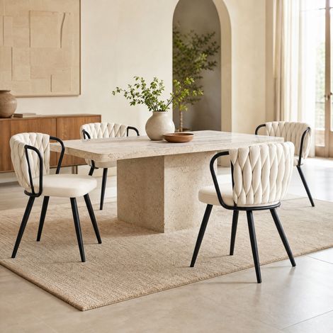 Silla de comedor tapizada en terciopelo beige con respaldo trenzado y patas de metal negro OKWISH (1/5)