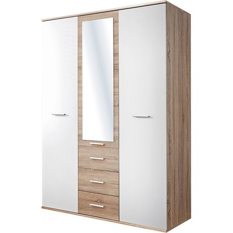 Meublorama – Armoire enfant 135x55x191cm chêne et blanc – 3 portes battantes – 3 tiroirs – Panneaux MDF haute qualité – Collection DENVER