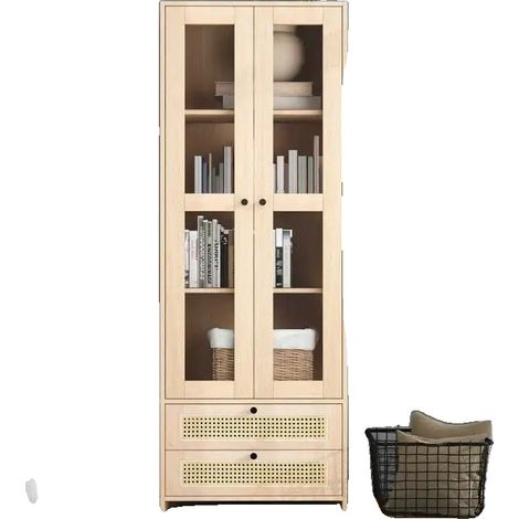 Vitrine, Hauteur 1,7 m, Façade de tiroir en rotin, Porte en acrylique transparent, Dispositif de protection contre l'inclinaison, Bibliothèque (1/5)