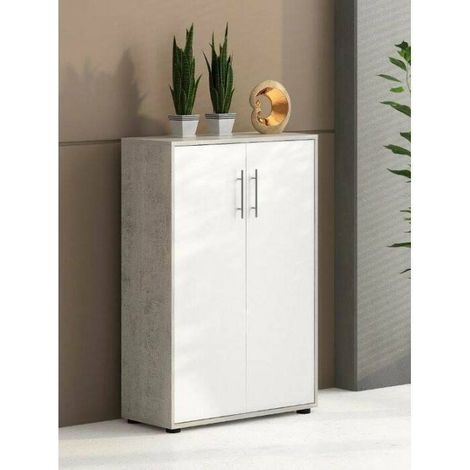 Dmora Librería con 2 puertas y 2 estantes, Estante para libros y documentos, Armario de oficina, cm 79x34h188, Color blanco y cemento, con embalaje reforzado (1/5)