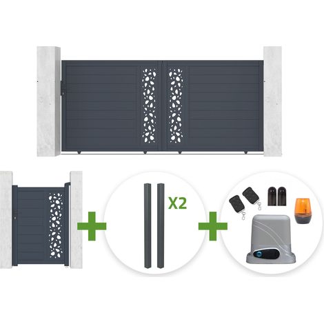 3,5 m breites SUNNY-Schiebetor, 160 cm hoch, grau + 1 m breites SUNNY-Fußgängertor, 160 cm hoch, grau + 4 Pfosten + Tanker C600-Motor