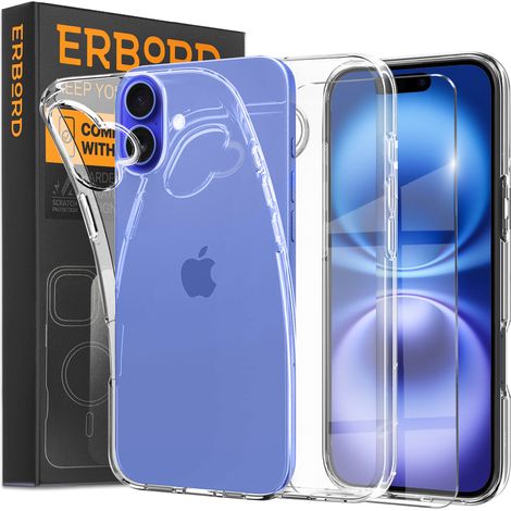 Funda para iPhone 16, erbord Slim, transparente + cristal 9H (1/5)