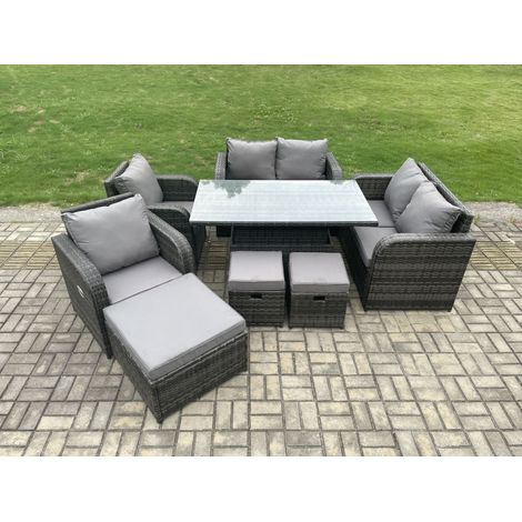 Fimous PE Rotin Meubles De Jardin Ensemble Table À Manger Réglable En Hauteur Avec Amour Canapé Chaise Inclinable 3 Tabourets De Pied (1/5)