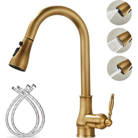 Robinet de cuisine, mitigeur d'évier à bec haut avec douchette extractible, 3 modes de jet, style laiton antique, levier unique rotatif à 360°. (1/5)