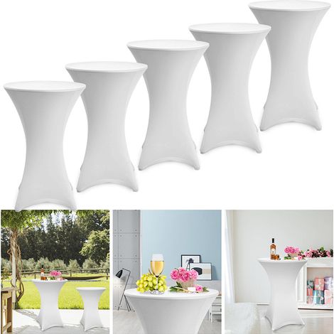 Randaco 5er Set Stehtischhusse Stretch Weiß – Elastische Husse für Bistrotisch Ø 60–65 × 110 cm mit 4 Fußlaschen