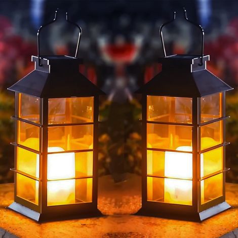 Lanterne Exterieur Solaire avec Effet Bougie Vacillante IP44 Étanche Lanternes D'extérieur Lampe pour Jardin Patio Balcon 2 Pièces (1/5)