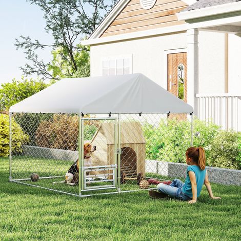 Perrera de Acero Galvanizado con Toldo Resistente y Estación de Alimentación para Perros 200x200x154 cm Plata (1/5)