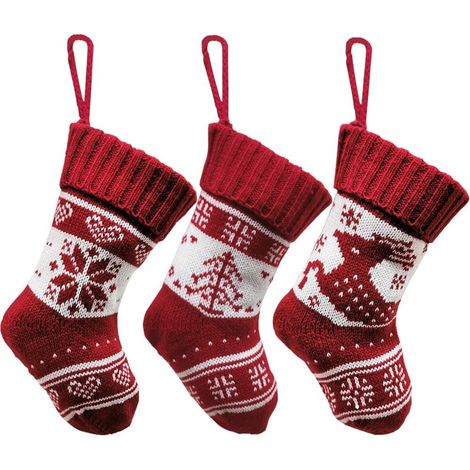 Lot de 3 bas de Noël à suspendre, bas de cheminée à suspendre, bas de Noël en forme de renne, bas tricotés (1/5)