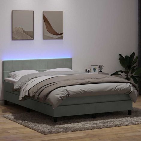 Sommier à lattes de lit et matelas et LED gris clair 160x220cm velours