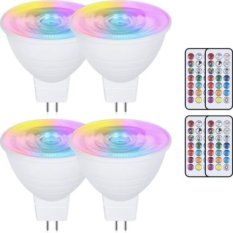 Lot de 4 ampoules LED MR16 3 W à changement de couleur GU5.3 - AC/DC 220 V - Intensité variable RVB + blanc chaud 3000 K - Réflecteur avec télécommande - Fonction mémoire - Économie d'énergie [Classe (1/5)