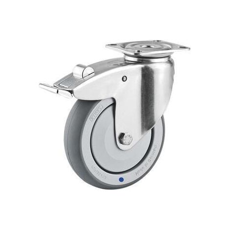 Rueda industrial giratoria en goma: di谩metro75 x 25 mm placa soporte en acero inoxidable con freno: 60 x 60 mm. Capacidad: 75 (1/2)