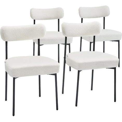 Lot de 4 Chaises Salle à Manger Confortables en Tissu Bouclette Blanc avec Dossier Incurvé et Pieds Métal pour Cuisine (1/5)