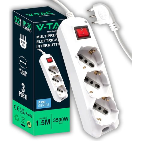 Multiprise électrique avec Interrupteur et câble de 1,5 m - 3 Prises 10/16 A Bipasso + Schuko - Prise 16 A - Prise électrique pour Maison, Bureau, Magasin - Blanc (1/5)
