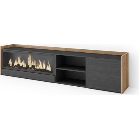 Skraut Home - Mueble TV, Televisión, Muebles de salón, almacenaje, 212x35x50cm, Para TV hasta 80", Chimenea eléctrica XXL, Estilo Moderno, Negro y roble (1/5)