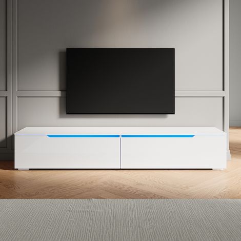 SONNI Hochglanz TV Schrank mit Schublade und LED-Lichtern, Wandmontage/Standmontage, Geeignet für Wohnzimmer und Schlafzimmer, Weiß, 2000 x 350 x 300 mm (1/5)