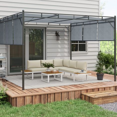 Das Terrassenmöbel-Set beinhaltet 2 Doppelsofas, 1 Ecksofa mit Liegefunktion und einen Couchtisch mit cremefarbenen Kissen.