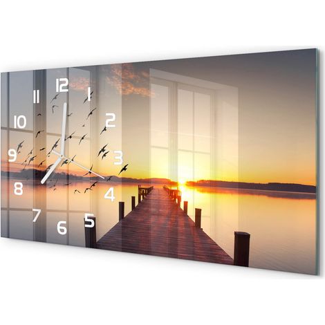 Horloge Murale Panoramique Moderne 60x30 cm Verre Trempé Sans Tic-Tac Coucher du soleil (1/5)