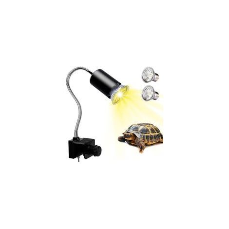 Reptile Heat Lamp, UVA UVB Light for Aquarium Turtle Tank, with 2 50w Basking Bulb and 360° Swivel Clamp Stand for Tortoise, Snake, Frog, Lizard, Chameleon. Halogen, Yellow Light (1/5)