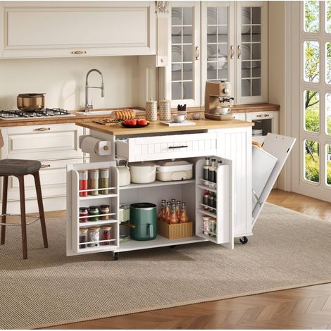 Isla de cocina móvil con tablero abatible, mueble con ruedas, MDF blanco, REDOM (1/5)