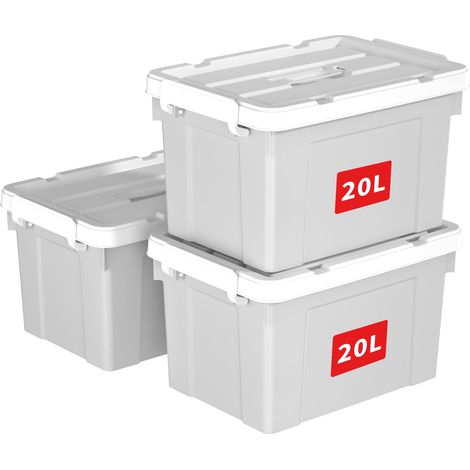 20L3 Boîte de Rangement, Bac de rangement avec Poignée, Plastique Organisateur avec Couvercle, Empilable, Transportable, pour Vêtements, Bureau, Chambre, Dortoirs, Gris, 20L - Lot de 3 (1/5)