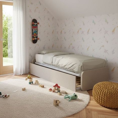 Letto singolo con letto estraibile, trasformabile in matrimoniale. Testate personalizzabili, reti in acciaio e doghe in faggio - Effetto tessuto