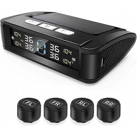 Sistema de monitoreo de presión de neumáticos (TPMS) con pantalla en tiempo real, versión T11 con pitido, alimentación dual solar/USB y 4 sensores externos. (1/5)