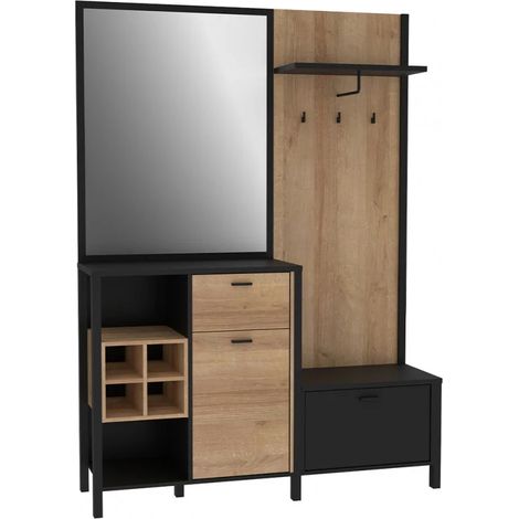 Ensemble de meubles d'entrée avec miroir et rangements – Bois chêne et noir – Dimensions 144,1x200x40,2 cm – Fabrication européenne – Meubletmoi (1/5)