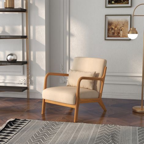 Fauteuil lounge rétro en velours beige avec pieds en bois et rembourrage épais, idéal pour la chambre à coucher. Fauteuil d'appoint confortable. (1/5)