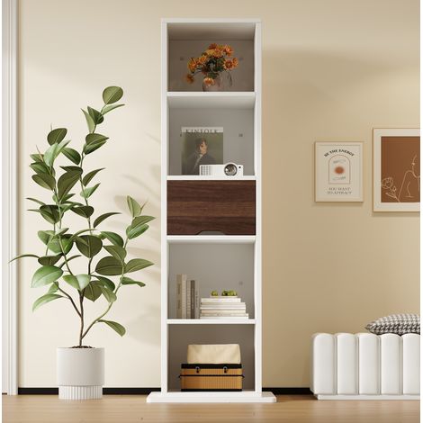 Vitrina giratoria de 45x45x168 cm con espejo de cuerpo entero, 4 nichos, cajón, MDF blanco. (1/5)
