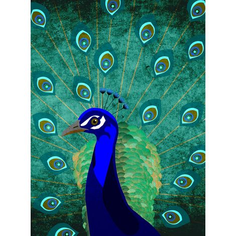 Papier peint panoramique oiseaux bleu & vert pour salon Tapisserie panoramique paon graphique Papiers peints panoramique animaux moderne chambre (1/2)