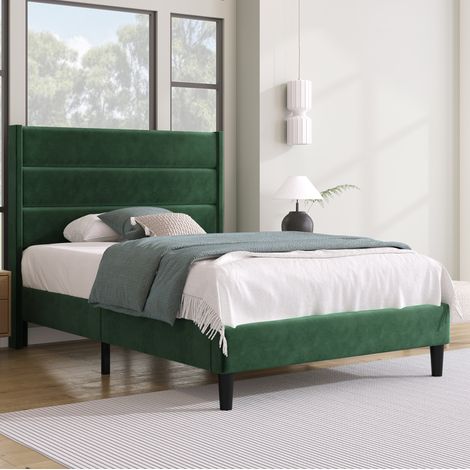 lit adulte 90x200 velours vert tête de lit capitonnée OKMYHOME (1/5)
