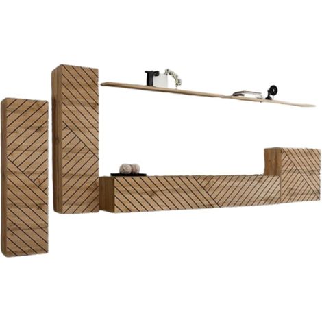Conjunto de muebles colgantes para tu sala colección SWITCH I. Color roble. Acabado de fachada fresada.